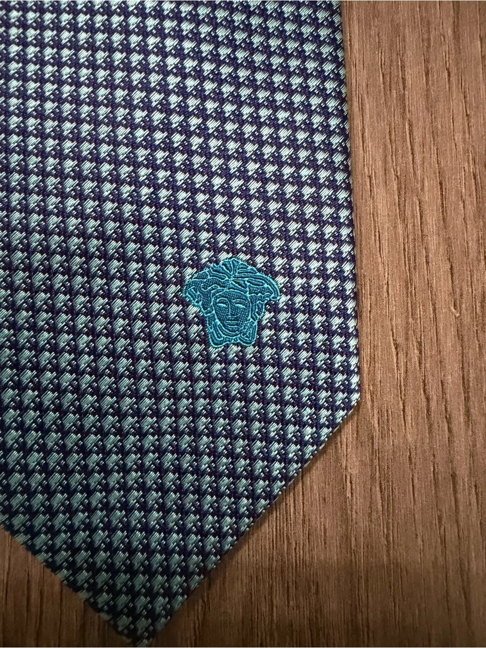 Versace Teal Blue Micro-Pattern Silk Tie